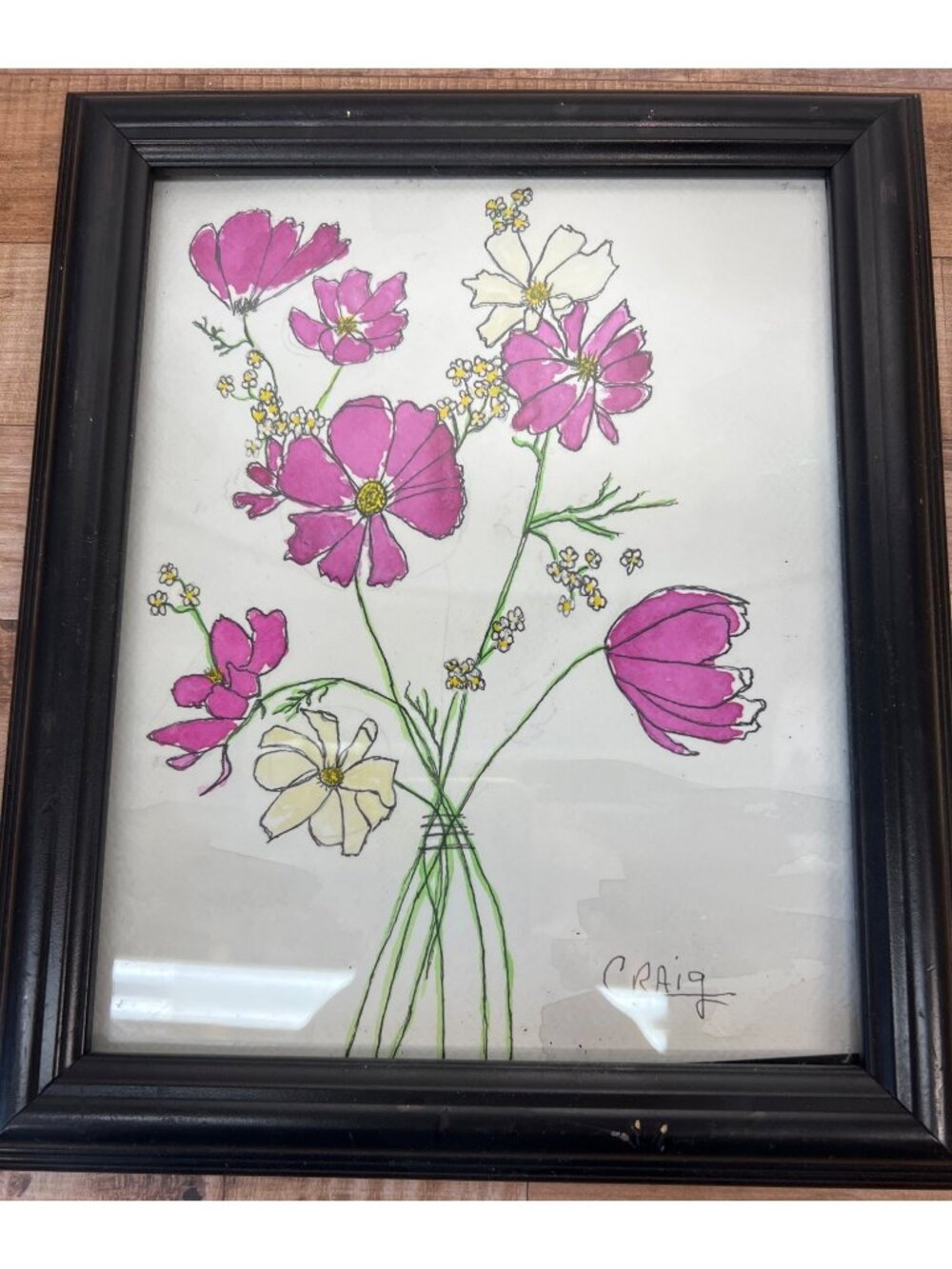 Hand-Drawn Floral Artwork In Black Frame By Craig